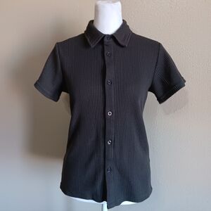 Girls 10 / 12 Ribbed Y2K Gray Button Up Shirt, Academia Short Sleeve, Twilight